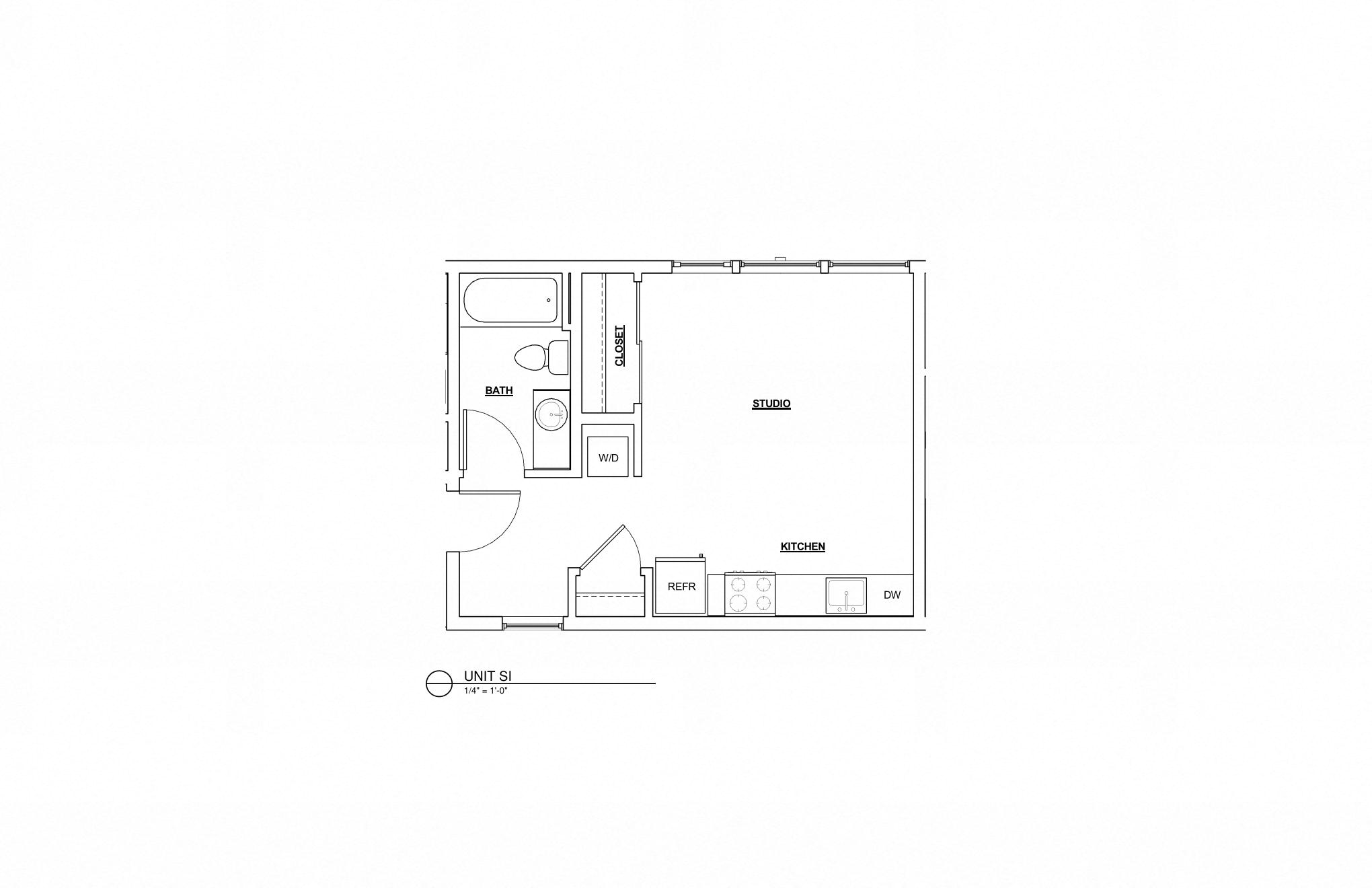 Floor plan for studio, 1 bath, 404 sqft